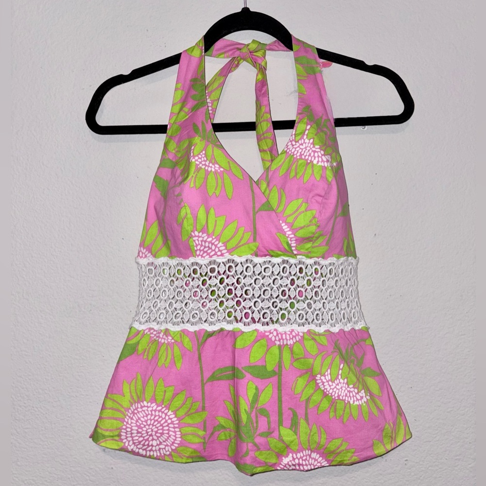 Vintage• Lilly Pulitzer Chantel Halter Top Pink Green Floral Crochet Waist Small